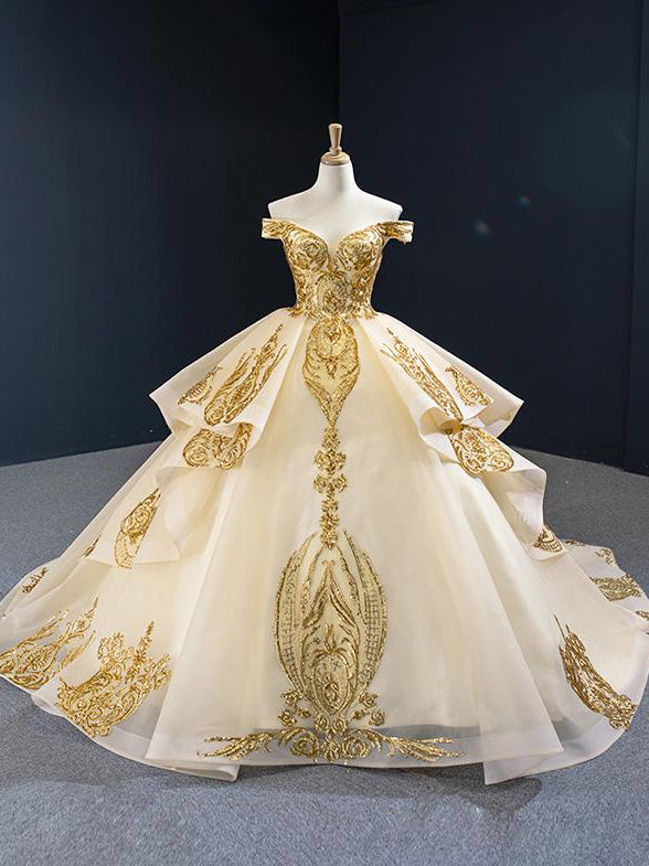 Off-the-shoulder Vintage Ball Gown Gold ...